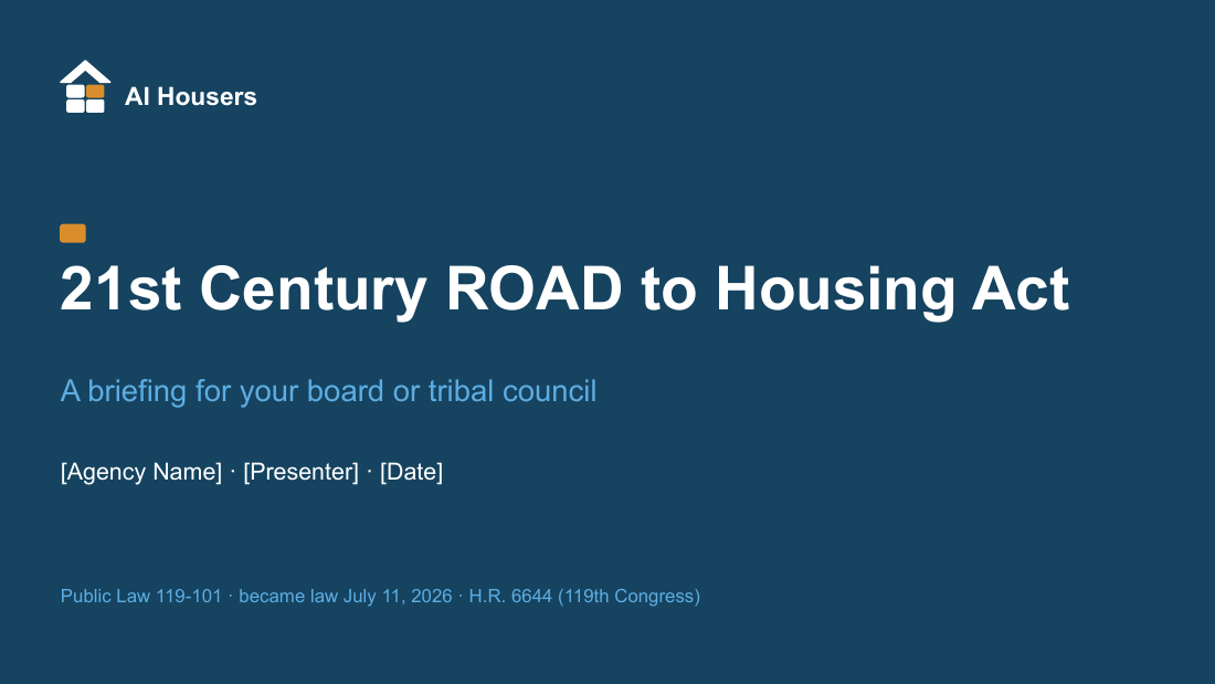 Title slide of the Rural & Tribal Housing board deck