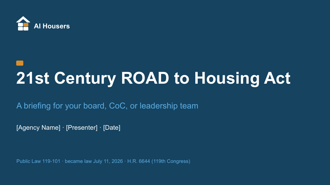 Title slide of the Veterans & Homelessness Programs board deck